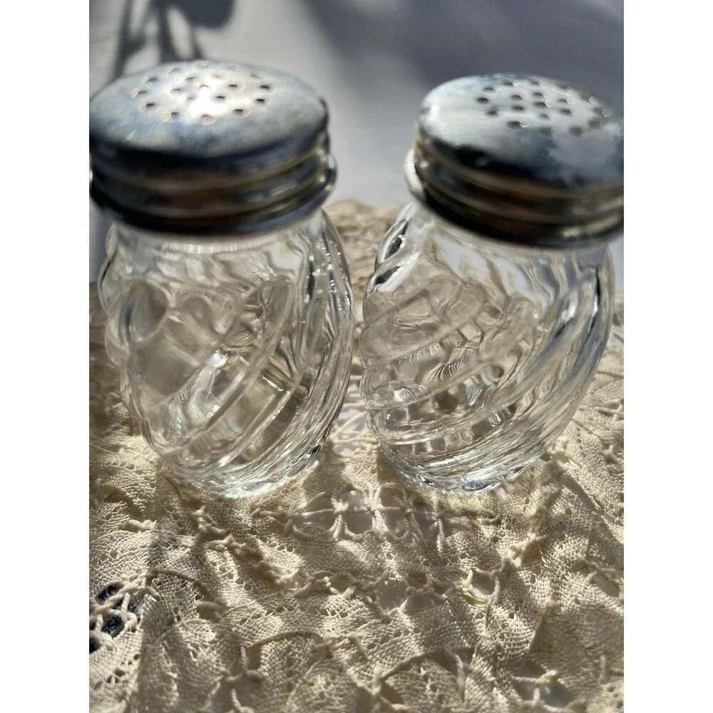 Vintage Clear Glass Swirl Design Silver Lid Aluminum Salt and Pepper Shakers
